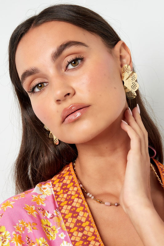 Pendientes de botón media flor con estampado - plata Cobre