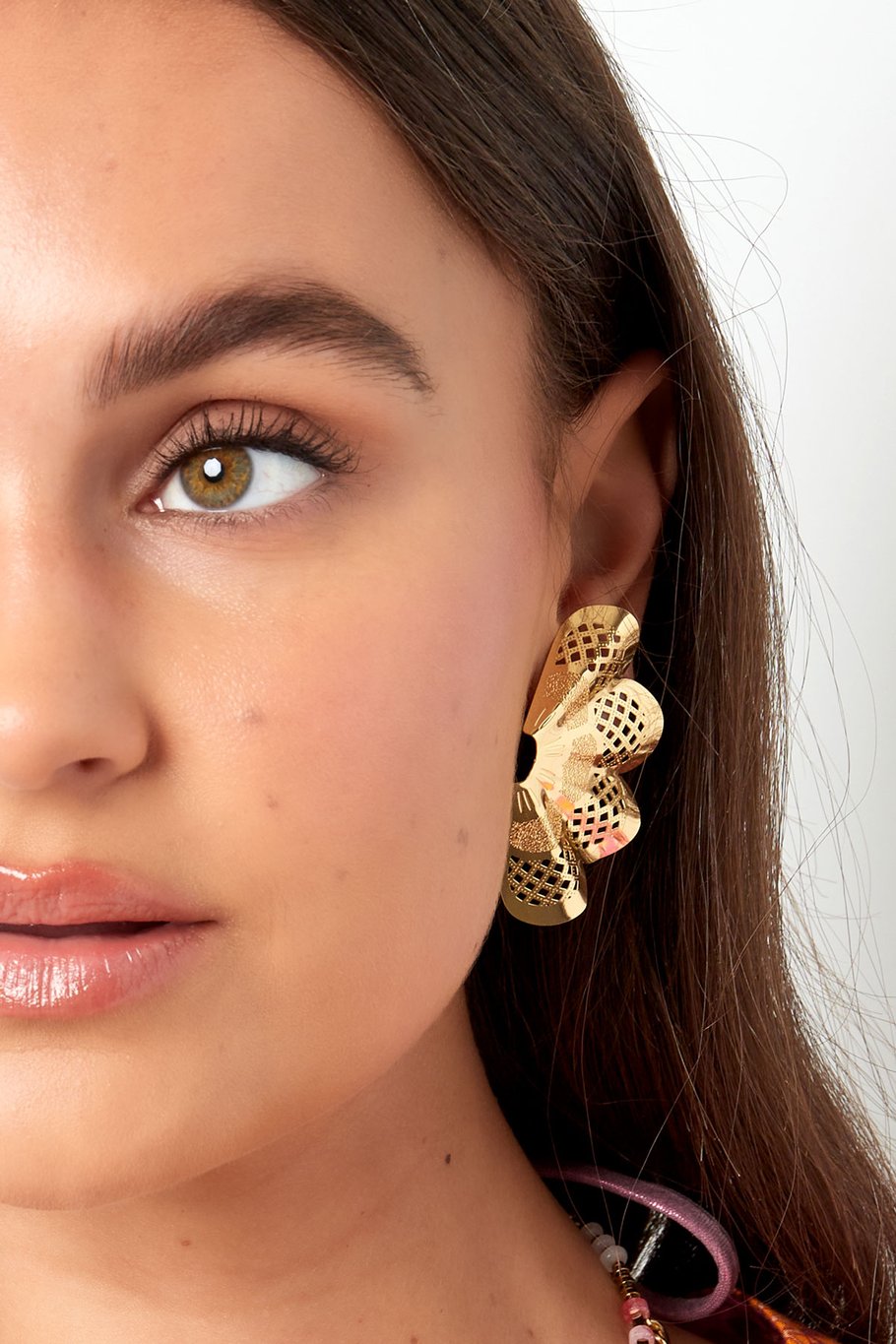 Pendientes de botón media flor con estampado - plata Cobre