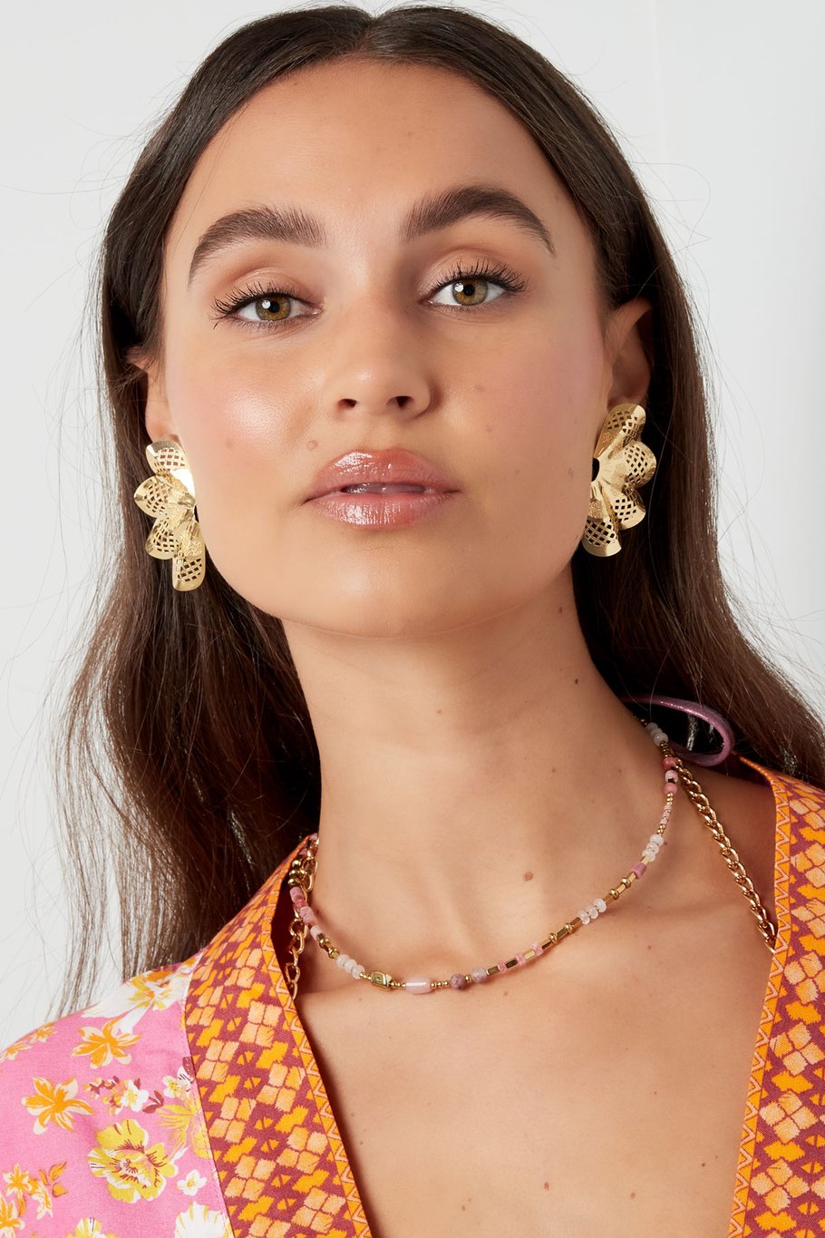Pendientes de botón media flor con estampado - plata Cobre