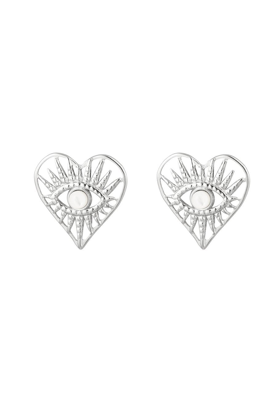 Pendientes de botón corazón con ojo - Color plata
