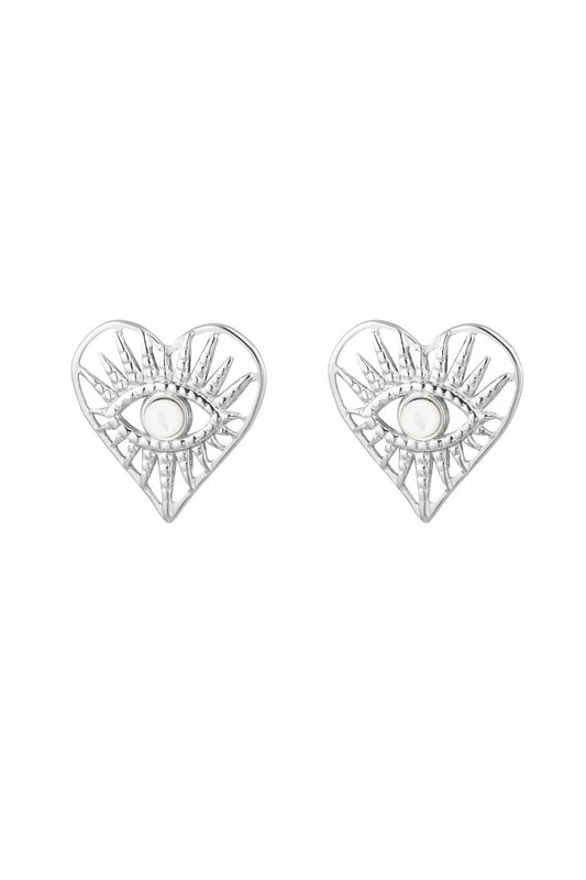 Pendientes de botón corazón con ojo - Color plata