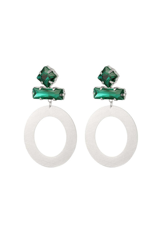 Pendientes redondos con cuentas de cristal Verde& Plata Acero inoxidable