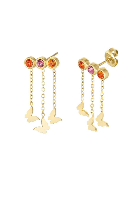 Pendientes con mariposas y piedras - Color dorado/rosa/naranja